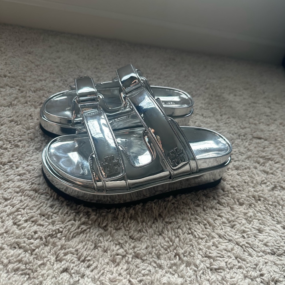 Tory Burch Silver Metallic Slide Sandals
